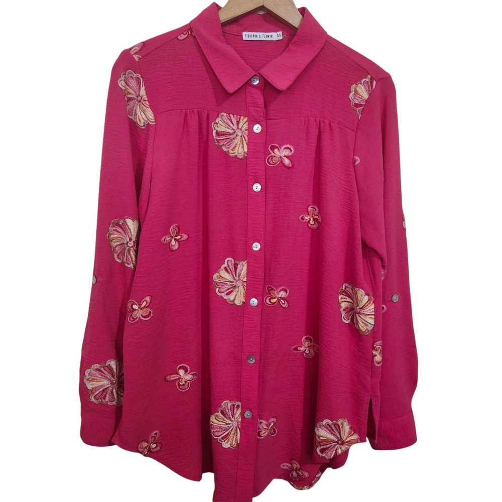 Figueroa‎ & Flower Embroidered Button Down Shirt Womens Medium Pink Floral Boho